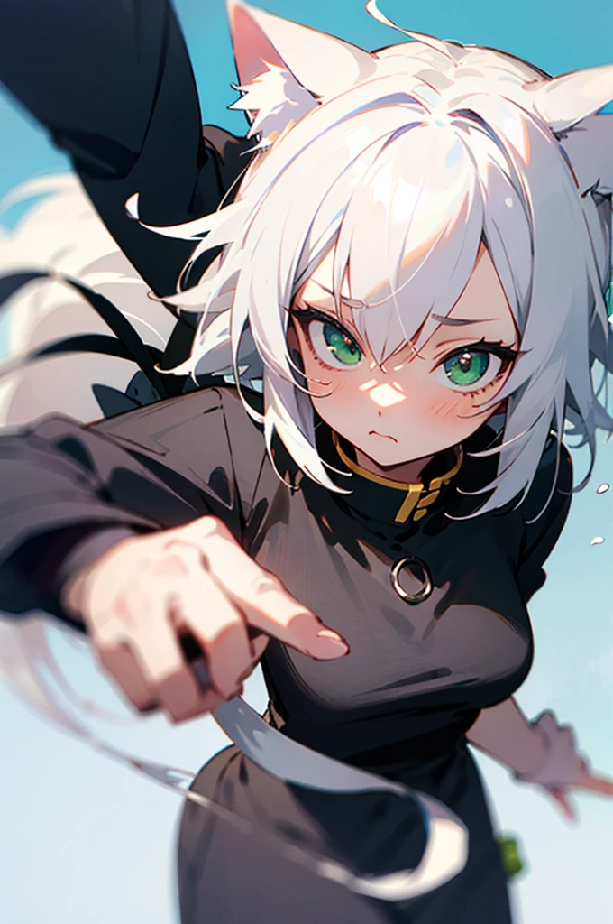best quality，White hair，Girl，Cat ear，Second Dimension，Anime style，cute，Green eyes，Black clothes，Shy expression