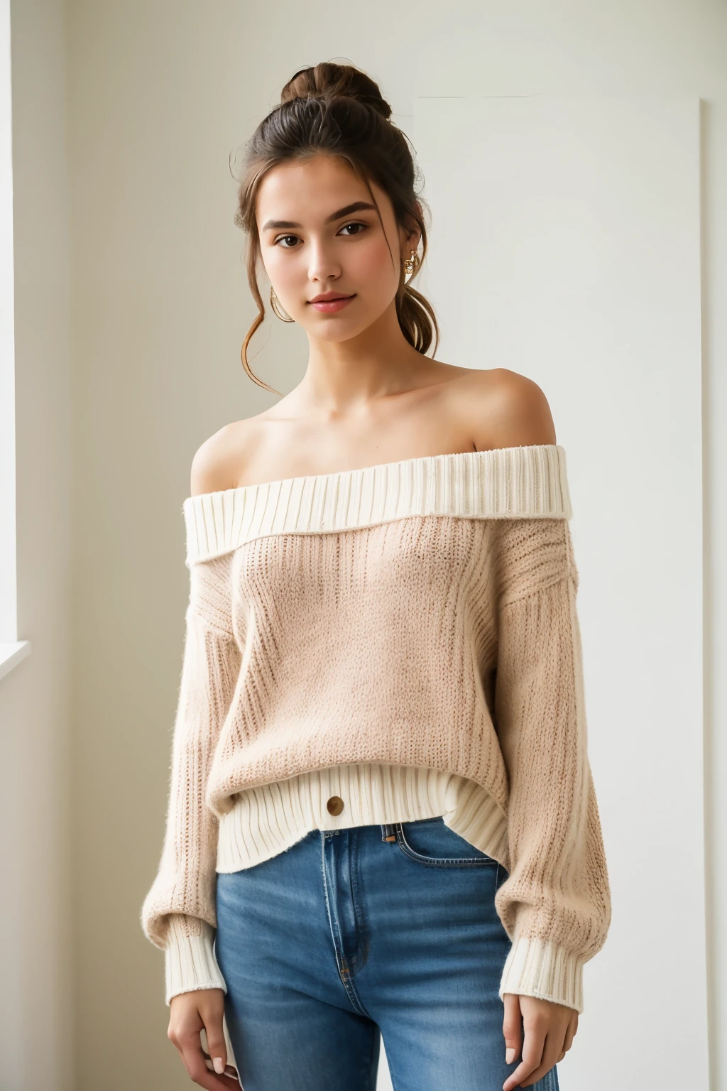 ((best quality)), ((masterpiece)), (Detailed), 1 girl, Off-the-shoulder sweater, bionde,Model,20yo