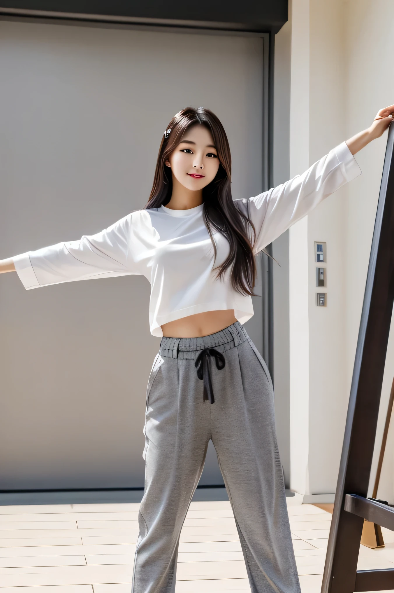 ai pretty korean girl with long hair danceing with jagga grey pants and white long slevees shirt