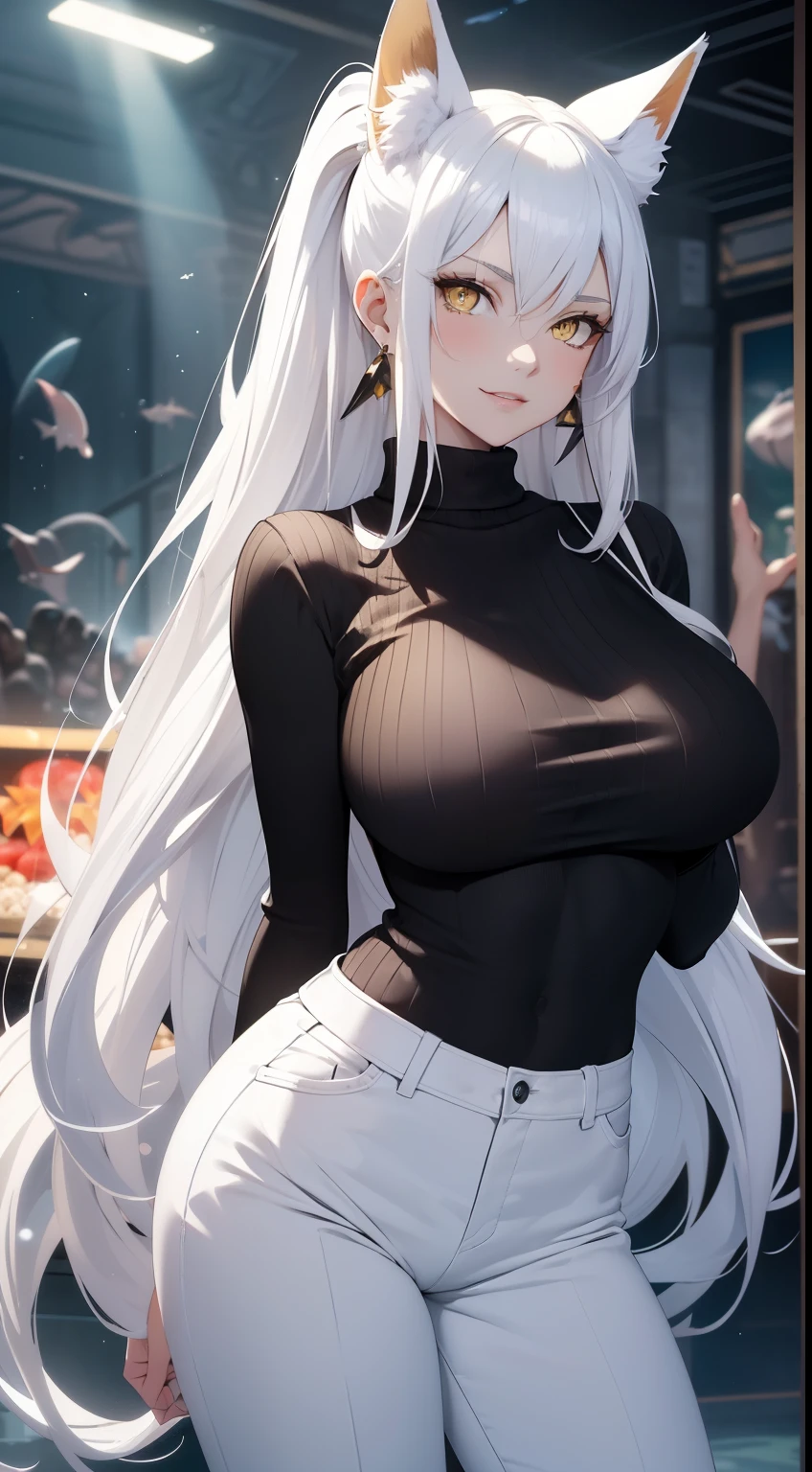 (master piece, best quality:1.2), absurdres, (extremely detailed cg:1.2), vibrant colors, (realistic:1.2), 1 (attractive woman, white platinum long hair:1.2),
BREAK
BLARKY beautiful caucasian woman with very long straight white hair, (yellow eyes:1.3), long eyelashes, fair skin, expressive face, attractive appearance, animal ear fluff, animal ears, bangs, blush, smile, charming smile, extra ears, fox ears, fox girl, fox tail, hair between eyes, large breasts, (age 19 years:1.3), (height 162 cm:1.3),
BREAK
girl with ((Best Bust, big bust, Beautiful yellow eyes, Breasts wide open, ponytail, A slender, Large valleys, Black sweater, White pants, Ruby Earrings, astonished face, arms in arms)), Beautiful Art, Background with ((theme park, Beautiful aquarium, Blue lighting, shark))),visualart, depth of field,