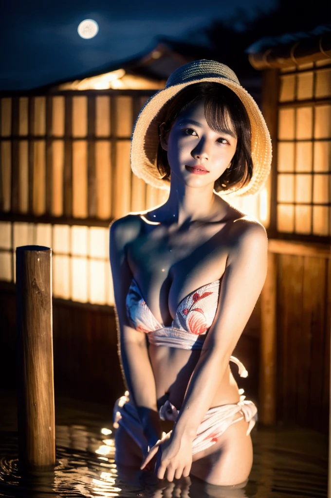 (night:2),guqinghan,straw hat,(onsen:1.4),ulzzang-6500-v1.1,(raw photo:1.2),((photorealistic:1.4))best quality ,masterpiece, illustration, an extremely delicate and beautiful, extremely detailed ,CG ,unity ,8k wallpaper, Amazing, finely detail, masterpiece,best quality,official art,extremely detailed CG unity 8k wallpaper,absurdres, incredibly absurdres, huge filesize, ultra-detailed, highres, extremely detailed,beautiful detailed girl, light on face,cinematic lighting,1girl,see-through,looking at viewer,outdoors