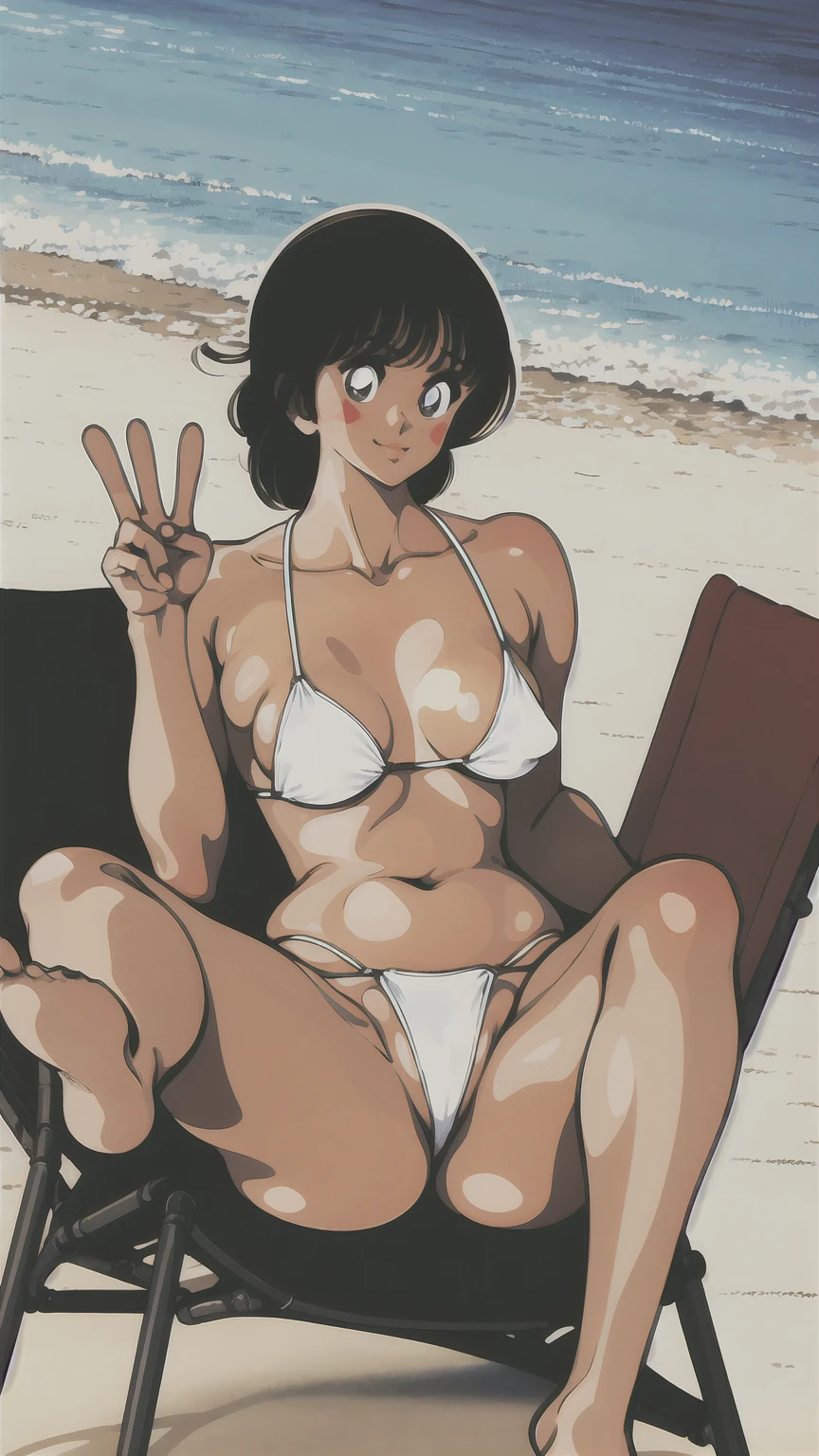 (((asakura minami:1.3))),((masterpiece)),((highest quality)),Super detailed,(thin entire outline),enlightenment,explicit,((1girl,solo)),black hair,medium hair,black eyes,small nose,perfect body,beautiful body,beautiful character design,perfect eyes,perfect face,pov,((happy smile)),small open mouth,(enjoy,having fun:1.2),entp,perspiration,wallpaper,ultra high resolution,8k,photo shoot,(beautiful large :1.2),beautiful legs,perfect feet,beautiful skin,fair skin,smooth skin,official style,official art,make a screen cap,outdoor,(summer beach),sunshine,bright lighting,white bikini,((red cheeks,very tight micro bikinis,camel ),protruding nipples,(on bear,wide spread legs,peace sign