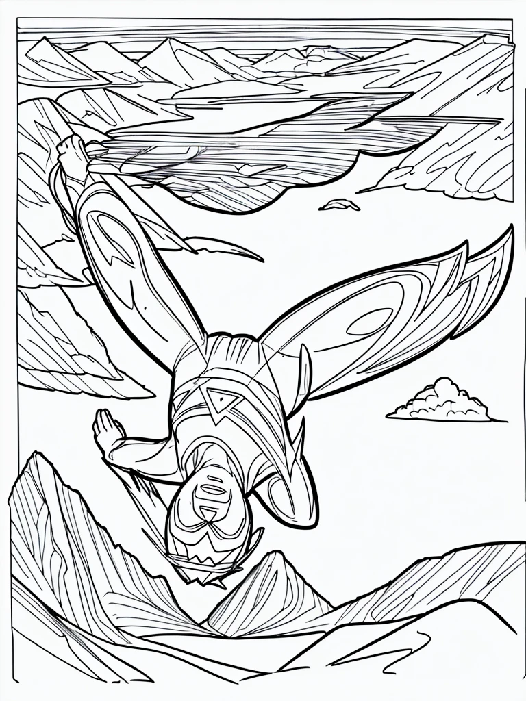 Coloring page of a superhero flying in the mountains, cartoon style, thick lines, no color, white background, only strokes