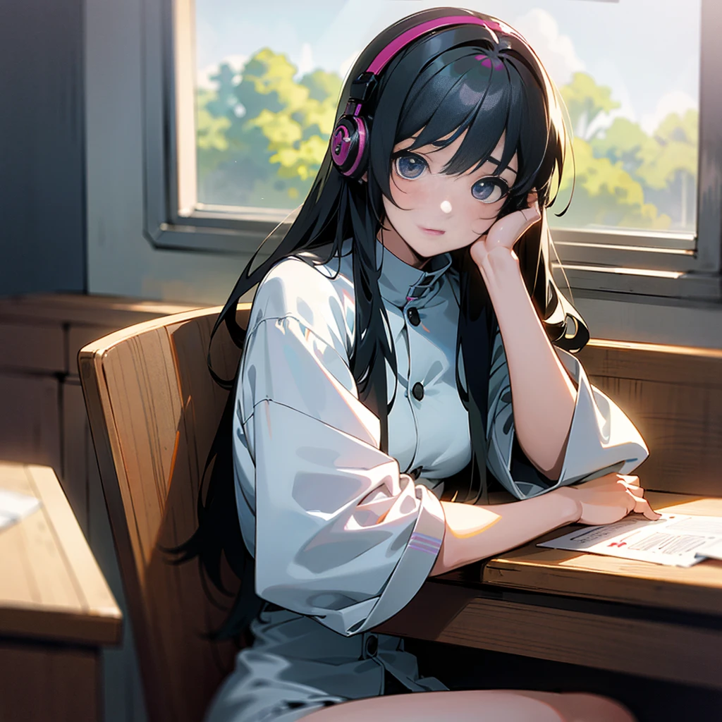 Anime Moe Art Style: A seductive anime girl is sitting at a desk, engrossed in her work, with headphones on. The digital anime illustration showcases her in 4K resolution, reflecting the Anime Style art with smooth CG art details. The Anime Style 4K wallpaper features a detailed digital anime art depiction of the girl, with a focus on her soft features and realistic details. The overall composition of the art exudes an aura of Moe Art Style perfection. In the scene, the girl is dressed provocatively, with a worried expression etched on her face, creating an atmosphere of tension and excitement. The artwork is designed in a way that you can admire