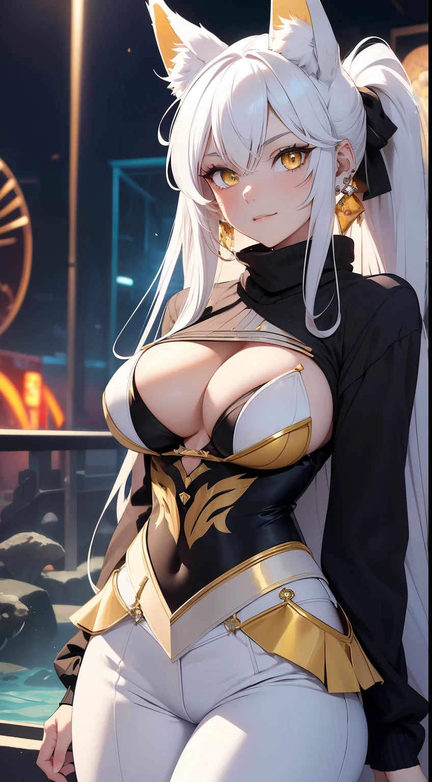 (master piece, best quality:1.2), absurdres, (extremely detailed cg:1.2), vibrant colors, (realistic:1.2), 1 (attractive woman, white platinum long hair:1.2),
BREAK
BLARKY beautiful caucasian woman with very long straight white hair, (yellow eyes:1.3), long eyelashes, fair skin, expressive face, attractive appearance, animal ear fluff, animal ears, bangs, blush, smile, charming smile, extra ears, fox ears, fox girl, fox tail, hair between eyes, large breasts, (age 19 years:1.3), (height 162 cm:1.3),
BREAK
girl with ((Best Bust, big bust, Beautiful yellow eyes, Breasts wide open, ponytail, A slender, Large valleys, Black sweater, White pants, Ruby Earrings, astonished face, arms in arms)), Beautiful Art, Background with ((theme park, Beautiful aquarium, Blue lighting, shark))),visualart, depth of field,