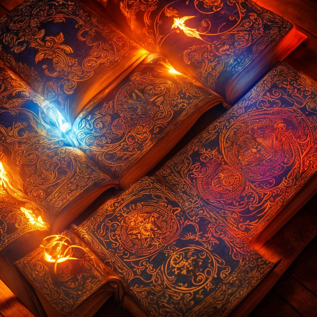 detailed fantasy magic book, glowing magical book, red fire magic, wizard conjuring, RPG fantasy, dramatic lighting, cinematic composition, intricate details, vibrant colors, photorealistic, 8k, high quality, masterpiece