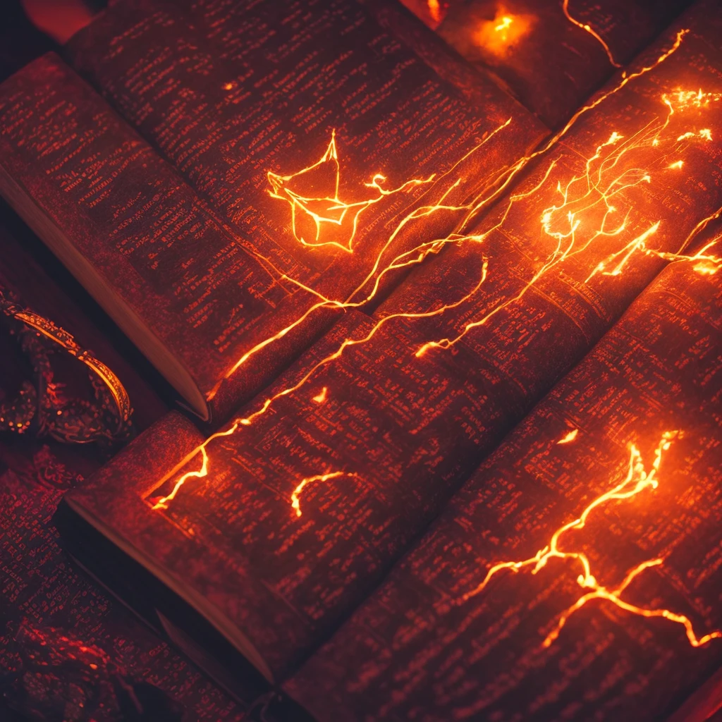 detailed fantasy magic book, glowing magical book, red fire magic, wizard conjuring, RPG fantasy, dramatic lighting, cinematic composition, intricate details, vibrant colors, photorealistic, 8k, high quality, masterpiece