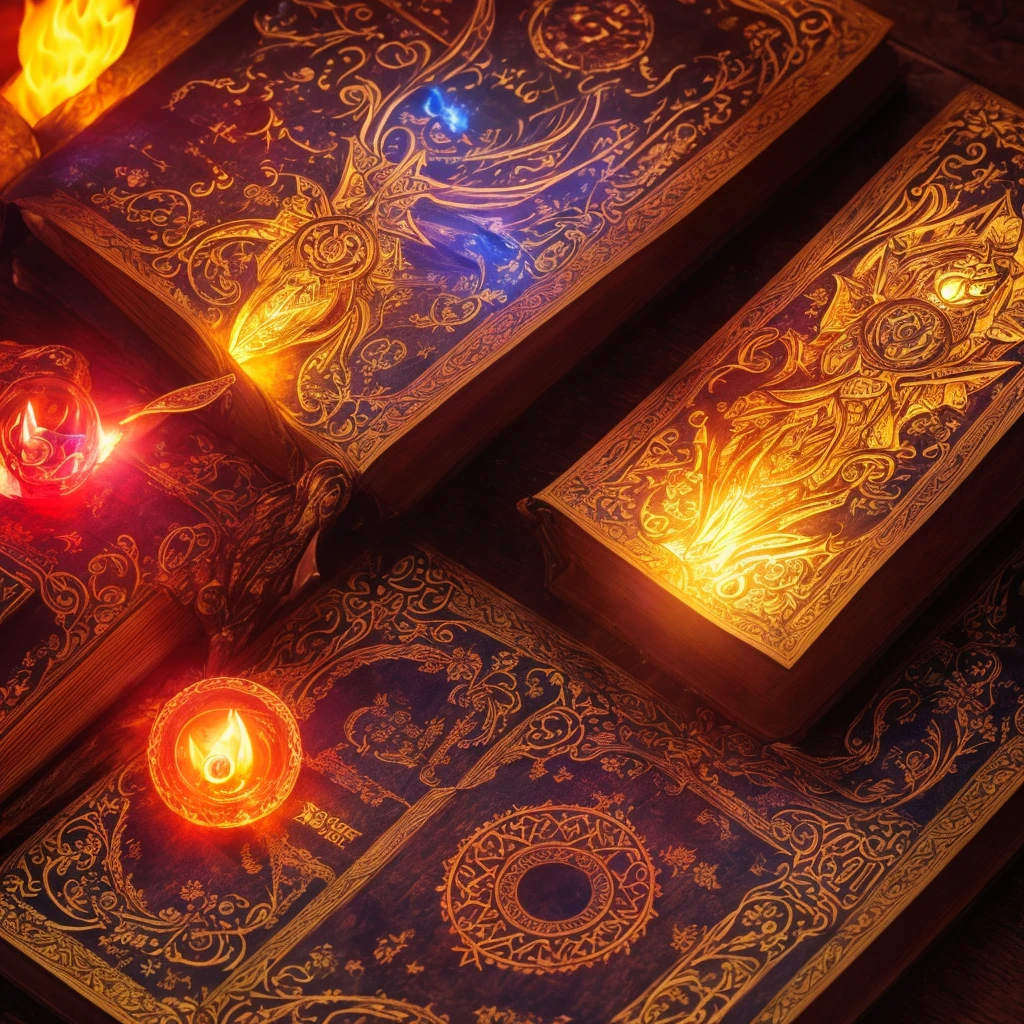 detailed fantasy magic book, glowing magical book, red fire magic, wizard conjuring, RPG fantasy, dramatic lighting, cinematic composition, intricate details, vibrant colors, photorealistic, 8k, high quality, masterpiece