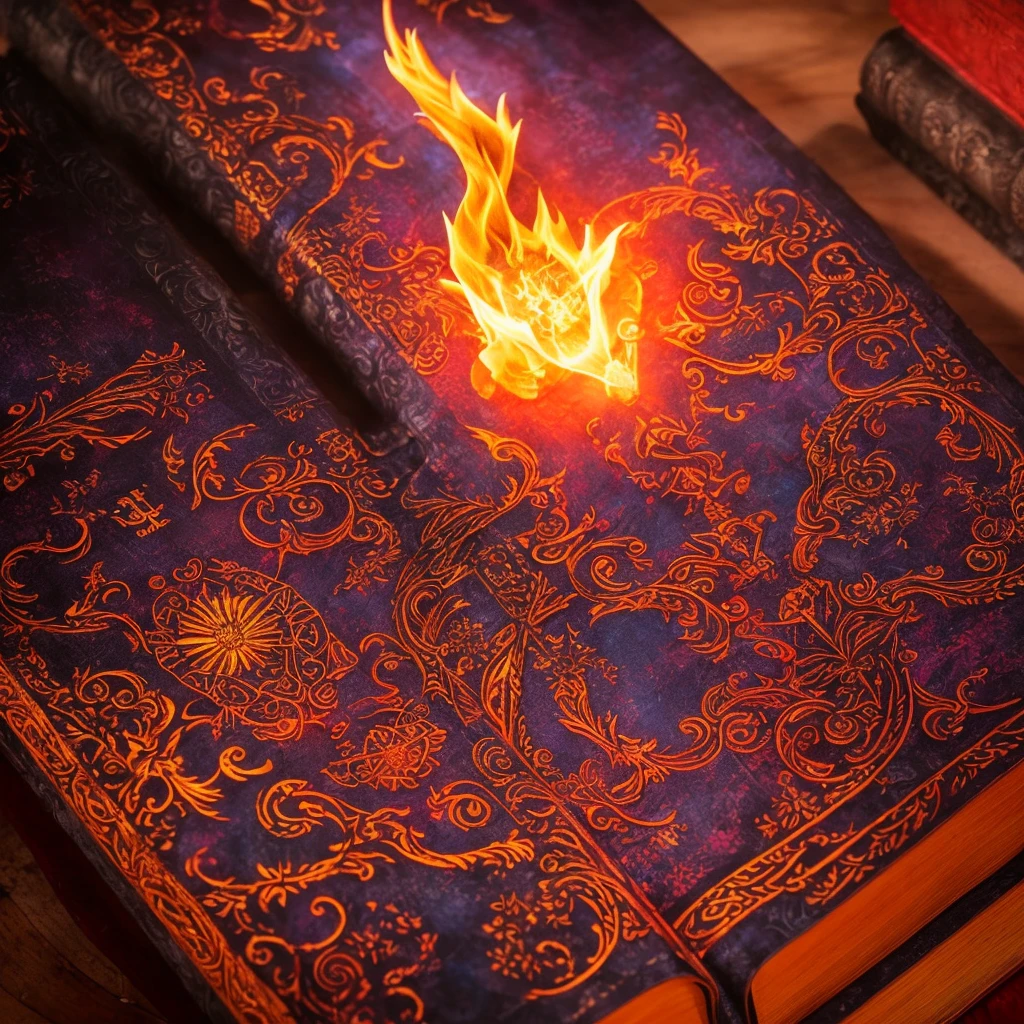 detailed fantasy magic book, glowing magical book, red fire magic, wizard conjuring, RPG fantasy, dramatic lighting, cinematic composition, intricate details, vibrant colors, photorealistic, 8k, high quality, masterpiece