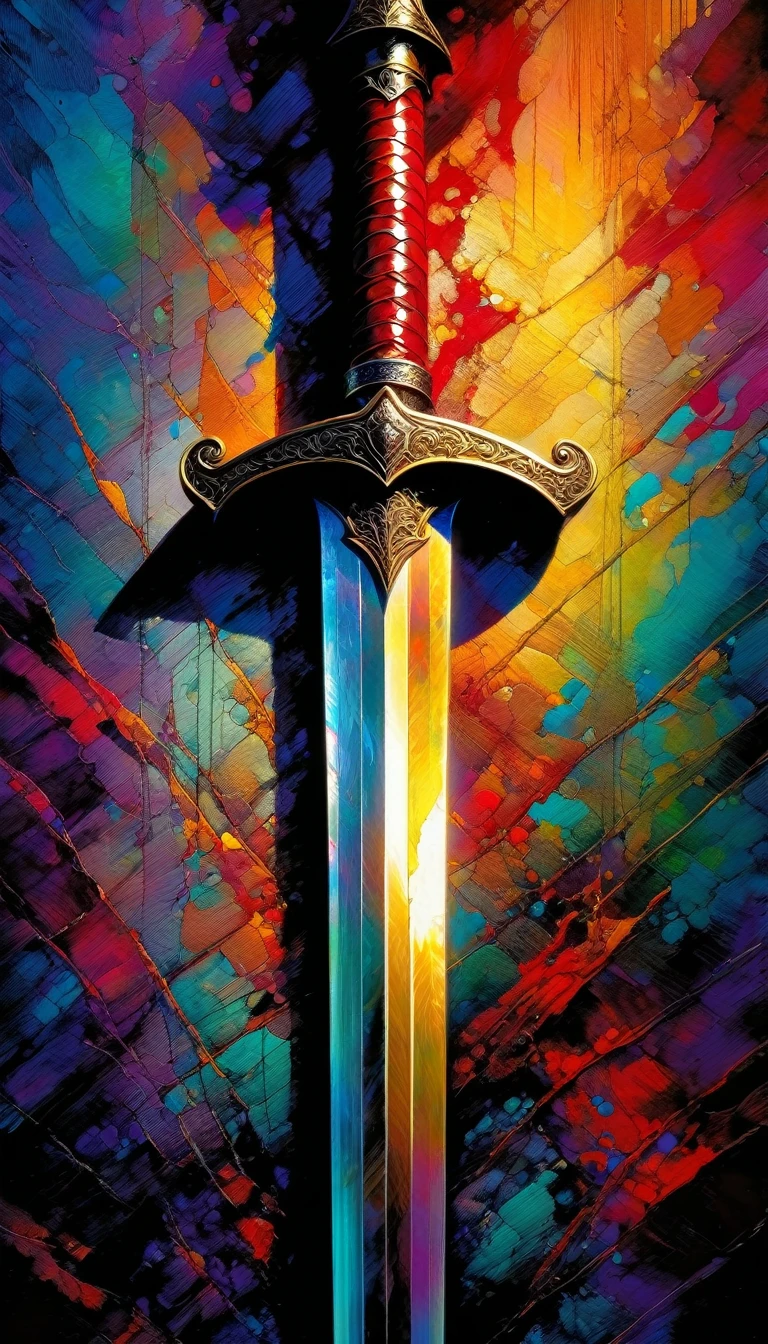 A highly detailed sword, oil painting inspired by the artwork of Bill Sienkiewicz, vibrant colors, intricate textures and patterns, dramatic lighting, photorealistic, 8k, masterpiece, stunning, breathtaking