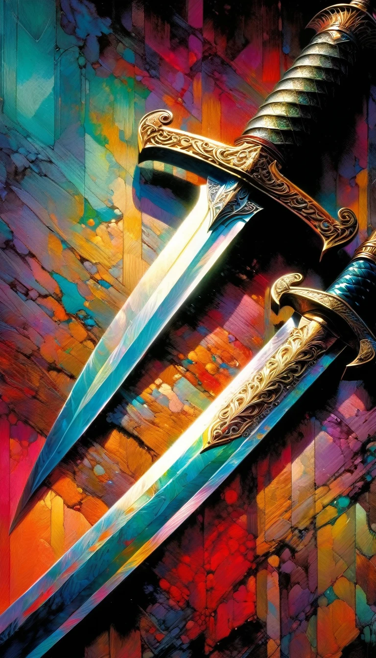 A highly detailed sword, oil painting inspired by the artwork of Bill Sienkiewicz, vibrant colors, intricate textures and patterns, dramatic lighting, photorealistic, 8k, masterpiece, stunning, breathtaking
