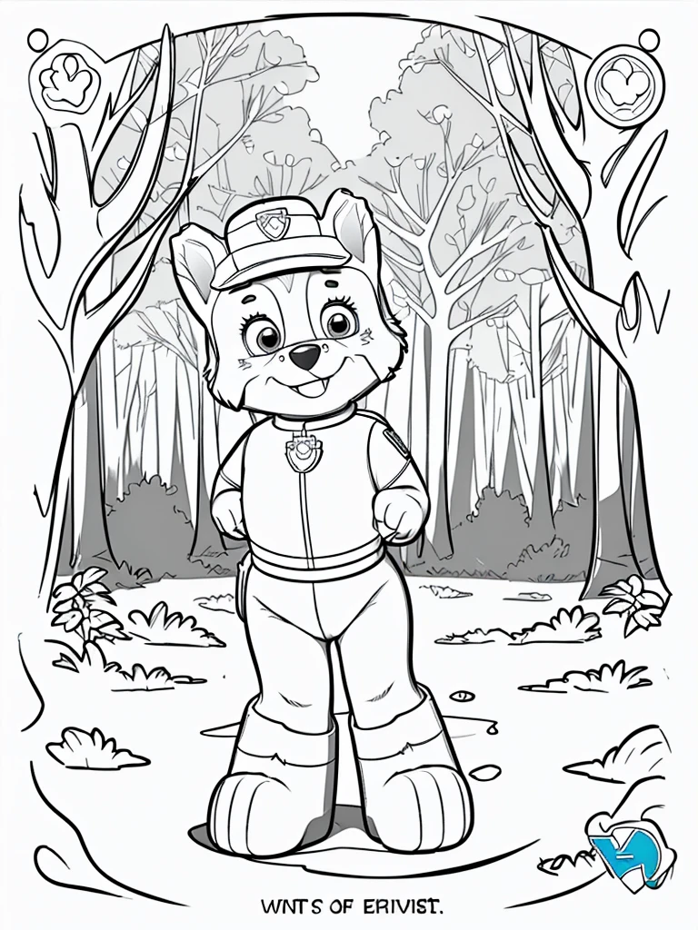 Coloring page of a paw patrol in the forest, cartoon style, thick lines, no color, white background, only strokes