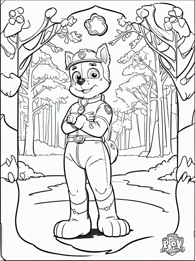 Coloring page of a paw patrol in the forest, cartoon style, thick lines, no color, white background, only strokes