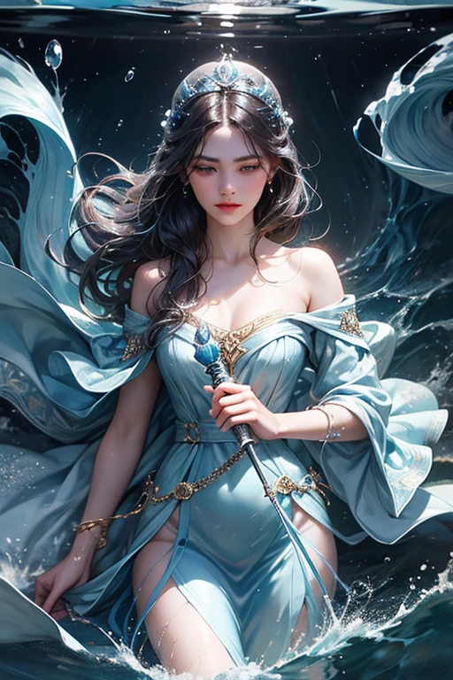 "Create an ultra-realistic image of a beautiful 21-year-old girl holding a magical staff that radiates the essence of water. She should be dressed in an elegant, dark blue shaded outfit that reflects her deep connection to the element of water. Surround her with elements of water, such as cascading waves, shimmering droplets, and serene reflections, to showcase her mastery over this element. Include a distinct water symbol on her body, signifying her role as the keeper of water and illustrating the powerful, fluid energy of water she possesses within her."