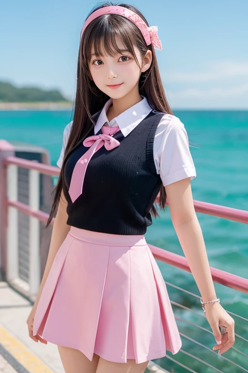 mini skirt high school girl Background sea Pink