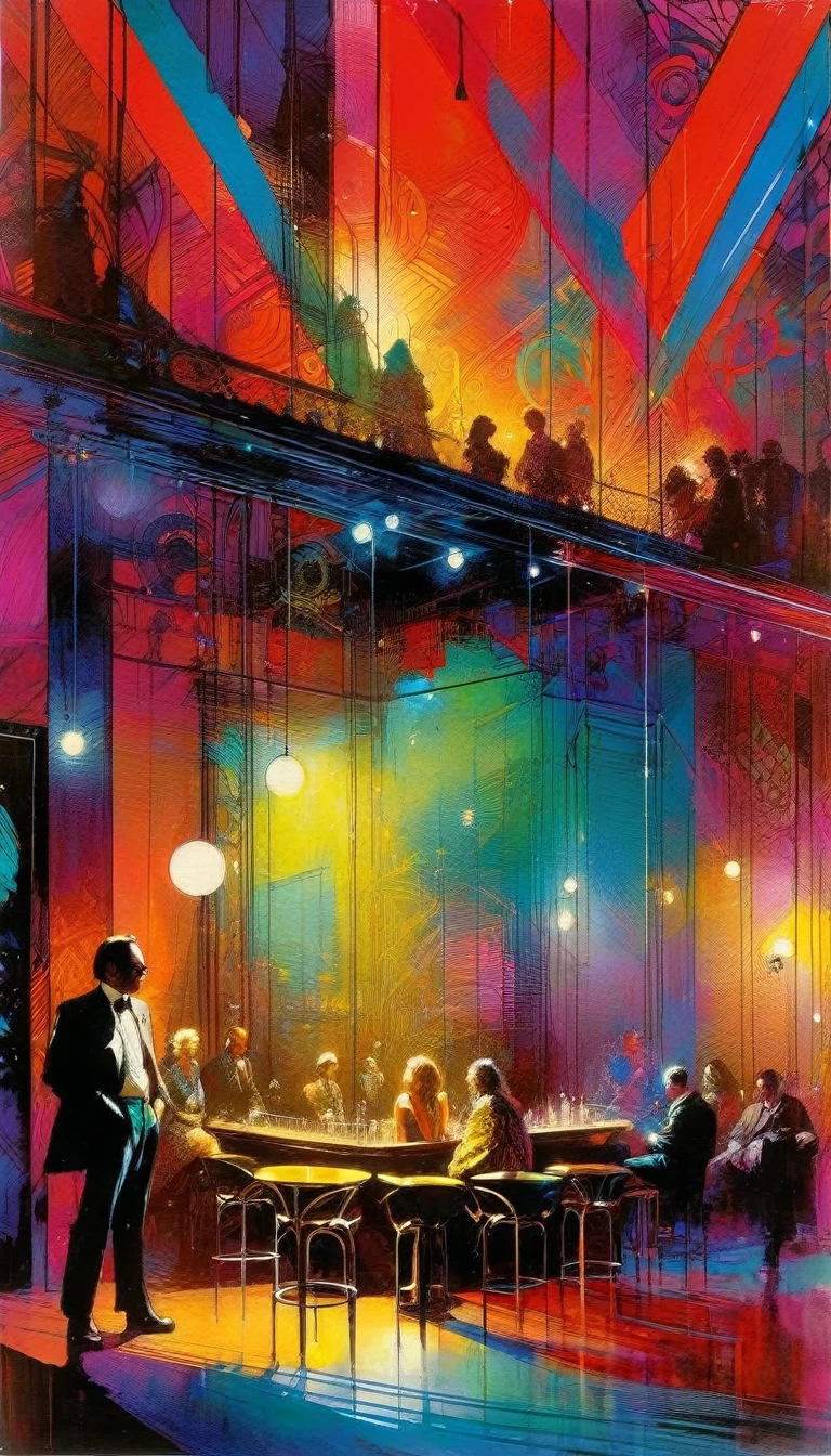 club, artwork inspired by Bill Sienkiewicz, vivid colors, intricate details, oil.
