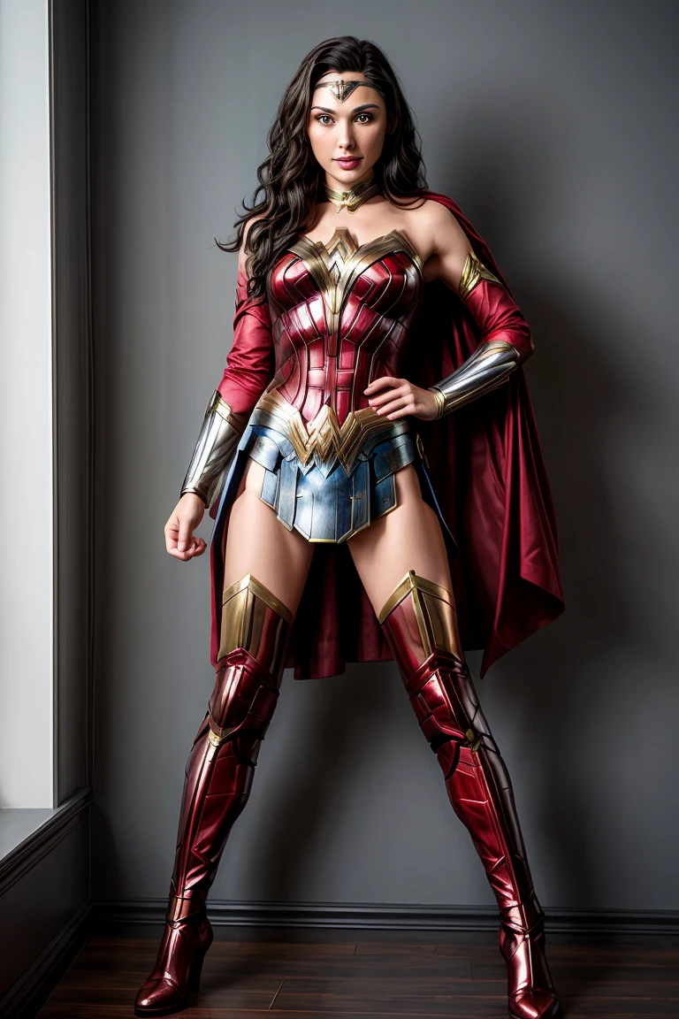 a woman in a costume is posing for a picture, full body photo((full body photo)), beautiful smile, wonder woman, gal gadot as hell lord, portrait of wonder woman, hybrid of gal gadot, gal gadot as wonder woman, sexy painting of gal gadot, photo of the beauty gal gadot, dressed as wonder woman, margot robbie as wonder woman, gal gadot, in the style artgerm