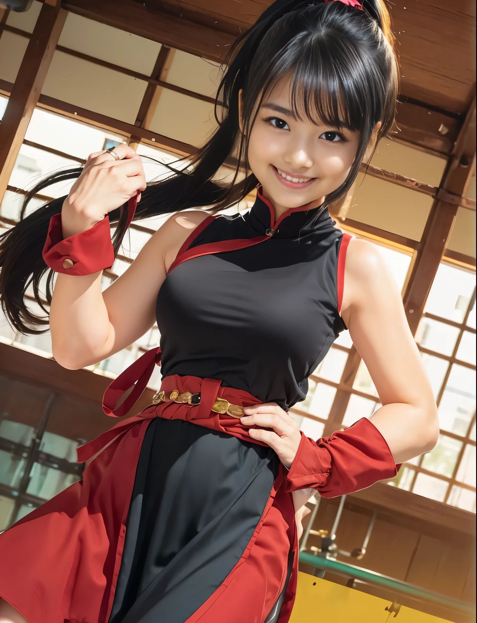 (8K、Raw photography、Highest quality、masterpiece:1.2),(Black Hair、Dark Eyes:1.9),(:1.6)、View your viewers,Front view,White skin,(ponytail:1.3)、(Tight waist:1.6)、(Clothes that accentuate the shape of the breasts:1.0)、(Big Breasts :1.3)、Slim figure、Ultra-high resolution,beautiful,beautiful fece,(One person、No background:1.9),whole bodyボディー,Japanese women,(reality的:1.37)、Photon Mapping,reality、(Baby-faced and cute: 1.4)、(Cute Smile: 1.8)、(Round face: 1.8)、Radio City、Physically Based Rendering、Depth of field rally background、photograph, (I can see your knees、Thigh close-up:1.8),(:1.6),whole body、Great quality