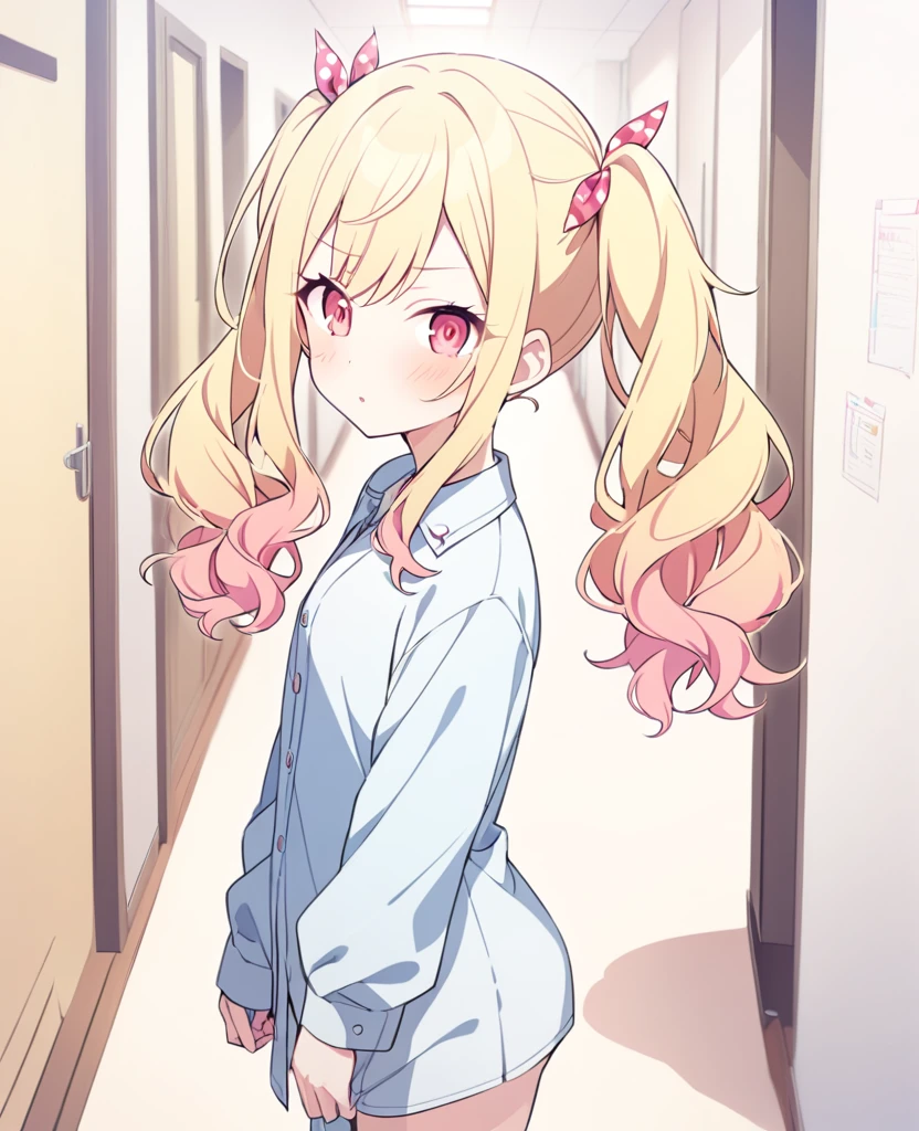 One girl,alone,Tenma Saki,Yellow Hair,Red Eyes,project sekai,Twin tails,cute,cute,nsfw,shirt,corridor,