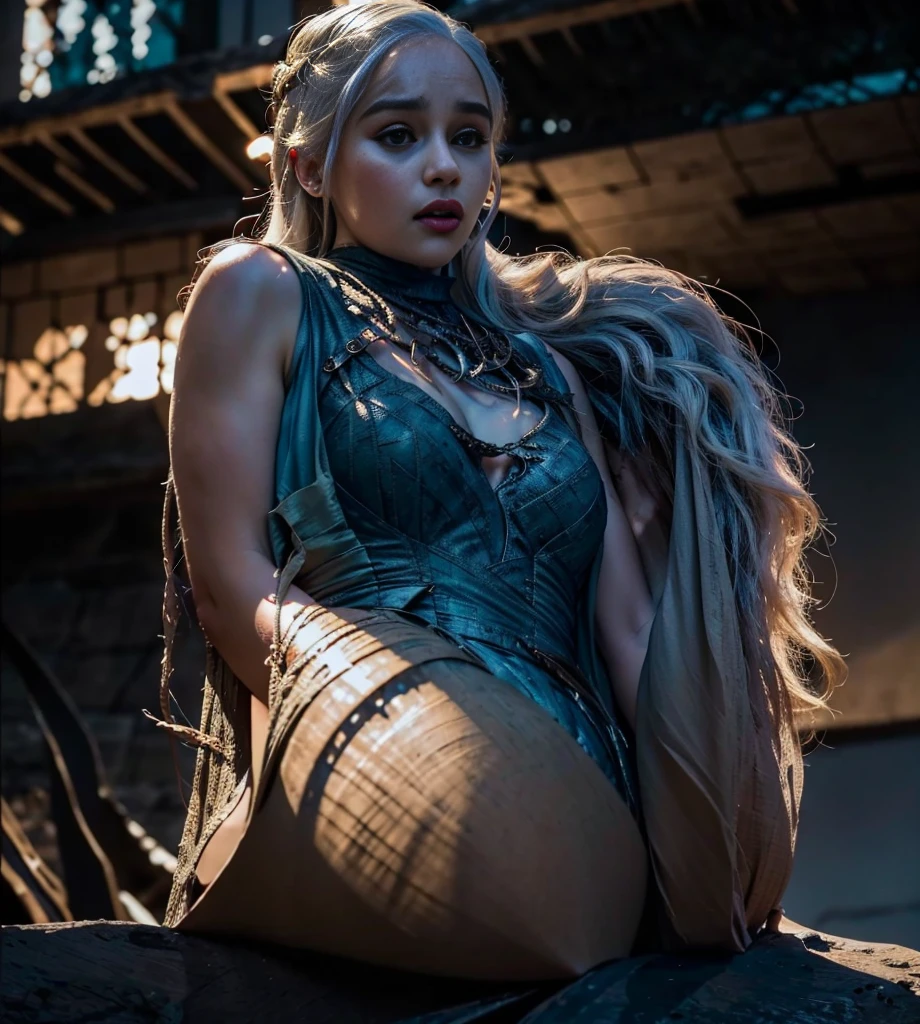 Generate an image of a sexy and serious Daenerys Targaryen with a spectacular body in a scenario that mixes future and medieval aesthetics, com um castelo high tech ao fundo, noite, arte hiperrealista em 4k, noite, lua cheia gigante e aurora boreal, a dragon in the background breathing fire, Daenerys with serious expression
