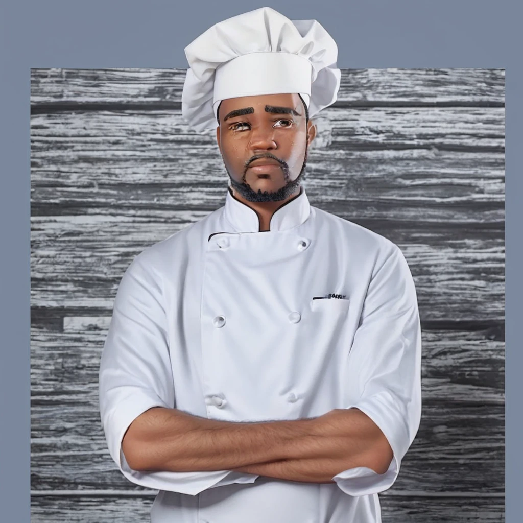 Black man with a short drawn beard, dressed as a chef and with his arms crossed, with a white background