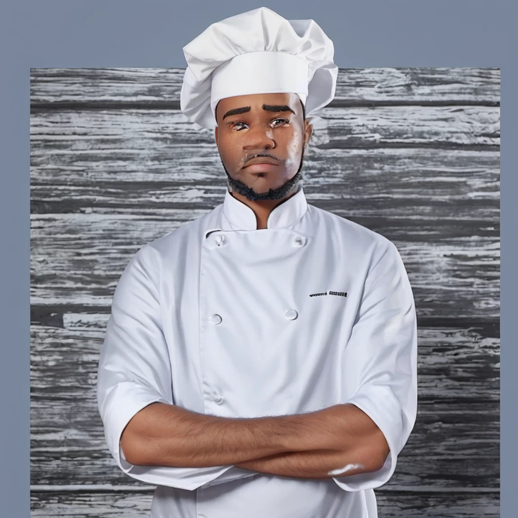 Black man with a short drawn beard, dressed as a chef and with his arms crossed, with a white background