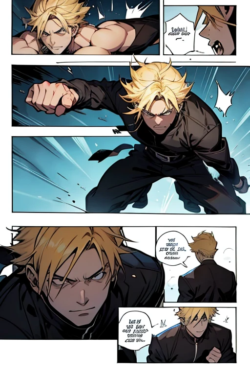Anime guy with blonde hair fighting to the death, bloody, manga page with panels and dialogue
