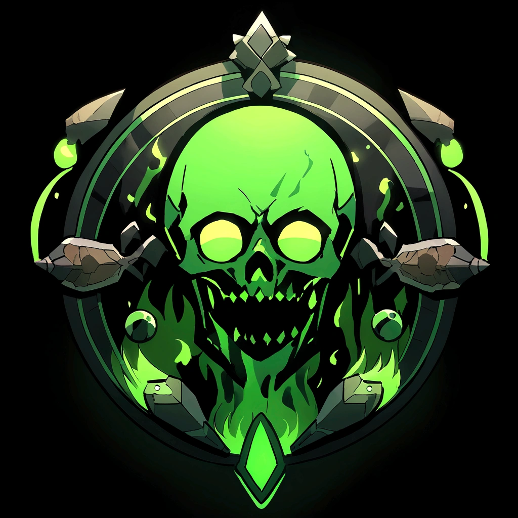 （UI interface design for game achievement badges），poison sword，Flat 2D effect，poison, toxin, color green, black background