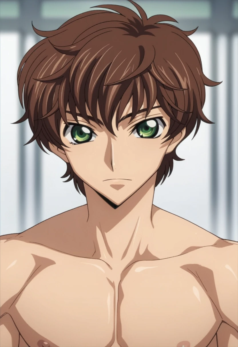 score_9, score_8_up, score_7_up, source_anime, rating_safe, intricate details, , looking at viewer, depth of field, 1boy, solo,suzaku_kururugi, brown hair, green eyes, nude,big cock,huge testicles,flaccid cock