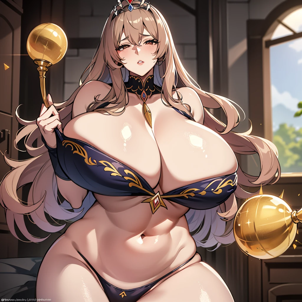 masterpiece:1.2, (best quality), (real picture, intricate details, depth of field), make up, parted lips, highly-detailed, perfect face, (huge breasts:1.8), (skindentation), attractive waist, tall, glossy coral lips, moderate musculature, toned abdomen, beautiful navel, (extra long brown color hairs:1.2), (beautiful bright coral orange eyes), sexy, blushing, Massive Cleavage, Disproportional , hanging breasts, Queen, Tiara, gray sweater,