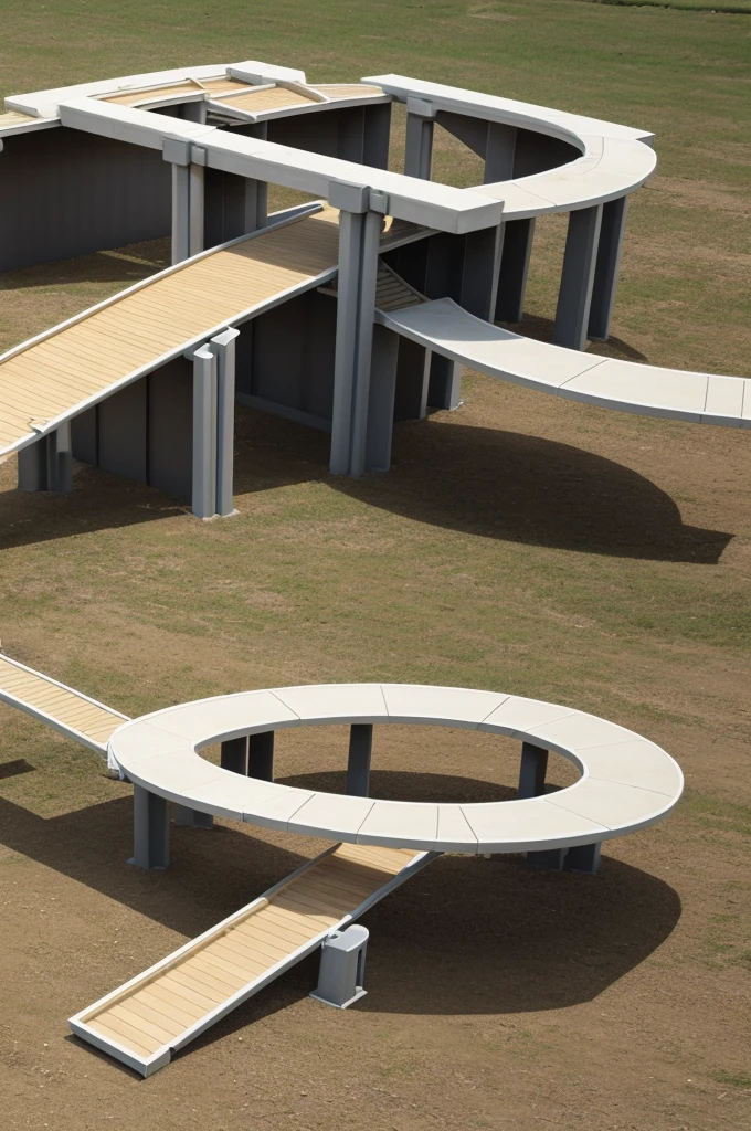 Create a vehicle bridge with 12 circular support columns and access ramps 
