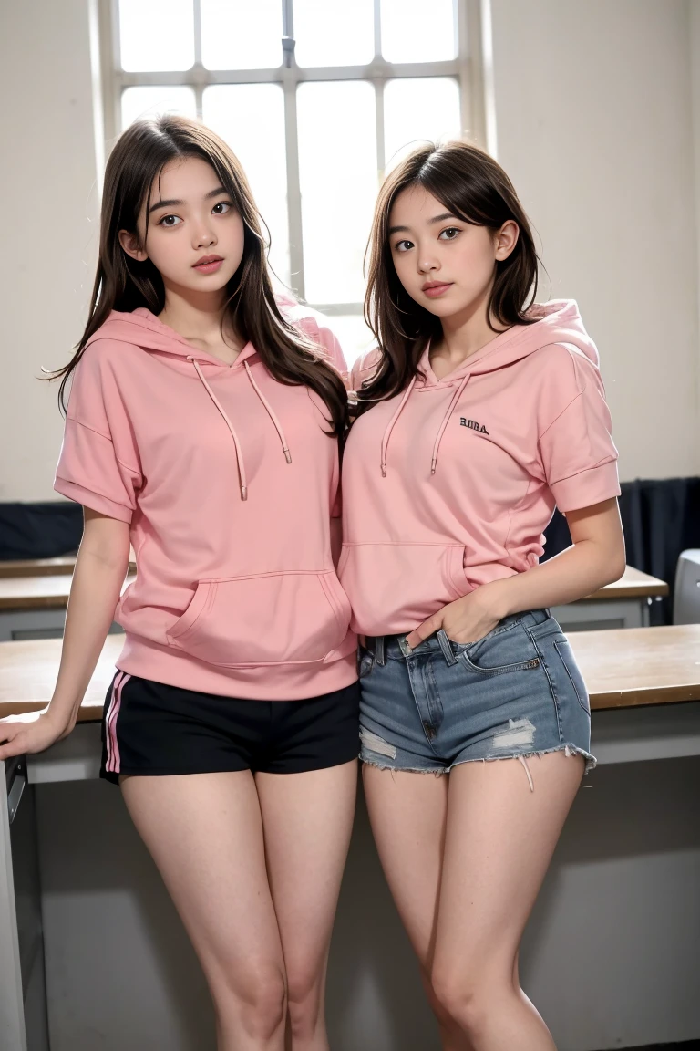deux femmes ensemble de 18 ans sexy et mince , pink short sleeve hoodie , salle de classe, se touche,position sey,sensuel