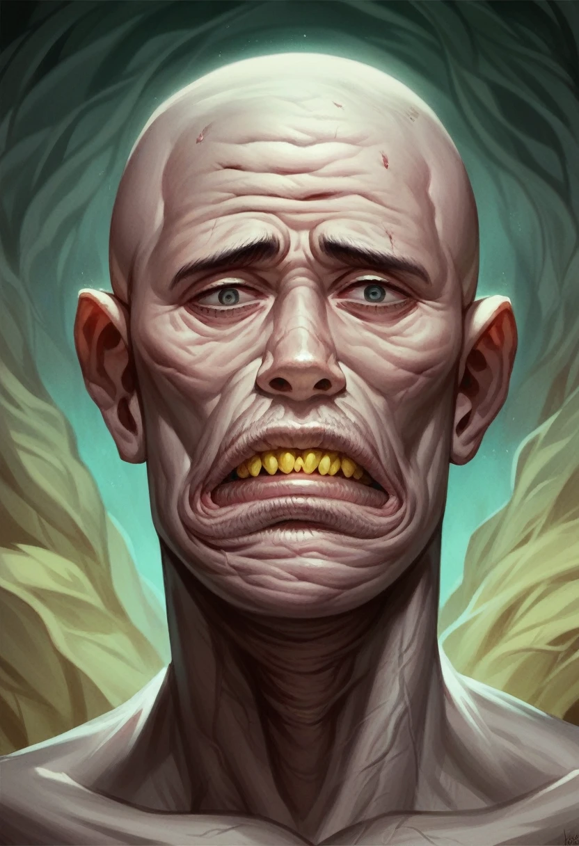 a bald man with yellow teeth, sad expression, with a horse with an extremely large penis, detailed photo, hyper realistic, 8K, cinematic lighting, dark moody colors, highly detailed, intricate background, surreal, bizarre, unsettling, grotesque, masterpiece