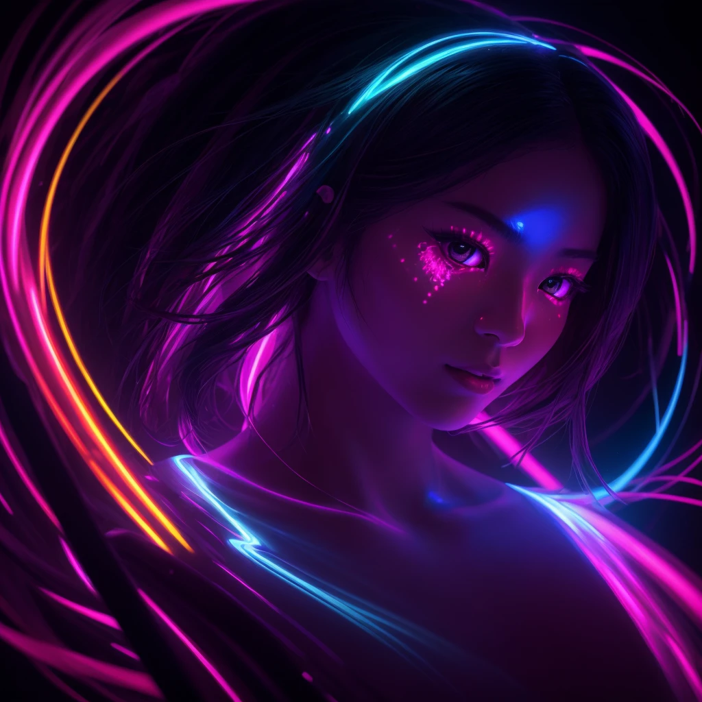 made full portrait unique photography with light and painting. Using Fluorescent materials to form abstract patterns that are implemented on the pretty japanese women face with dynamic pose. Phosphorescent materials store light and release it slowly. glow in the dark, prism rainbow effect, Ultra highly detailed, skin texture, detailed art, neon glow backround, Realistic Portrait by Arnau Mas