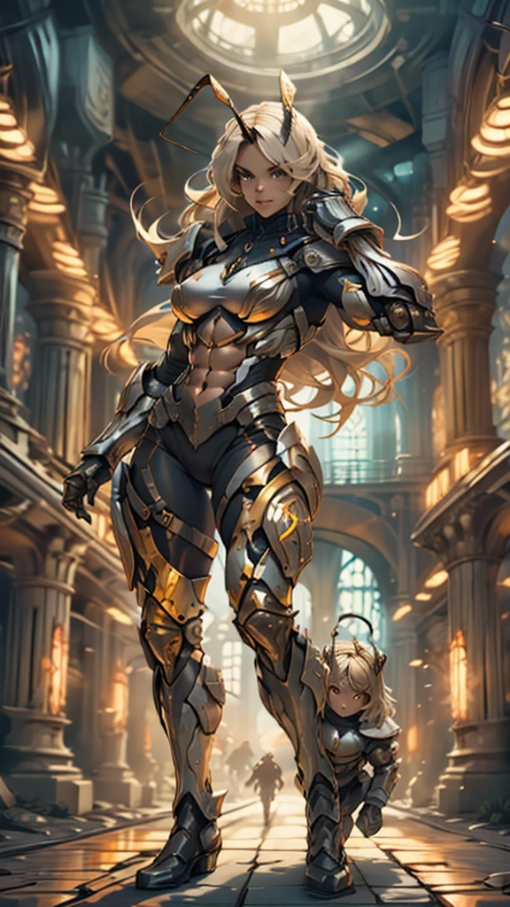 score_9, score_8_up, score_7_up, score_6_up, score_5_up, score_4_up, (1girl), solo, insect-like antennae, medium breasts, athletic, view of full body, alien armor, beautiful, female, long hair, vector, cute, natural light, long blonde hair, muscular, dual holstered revolvers