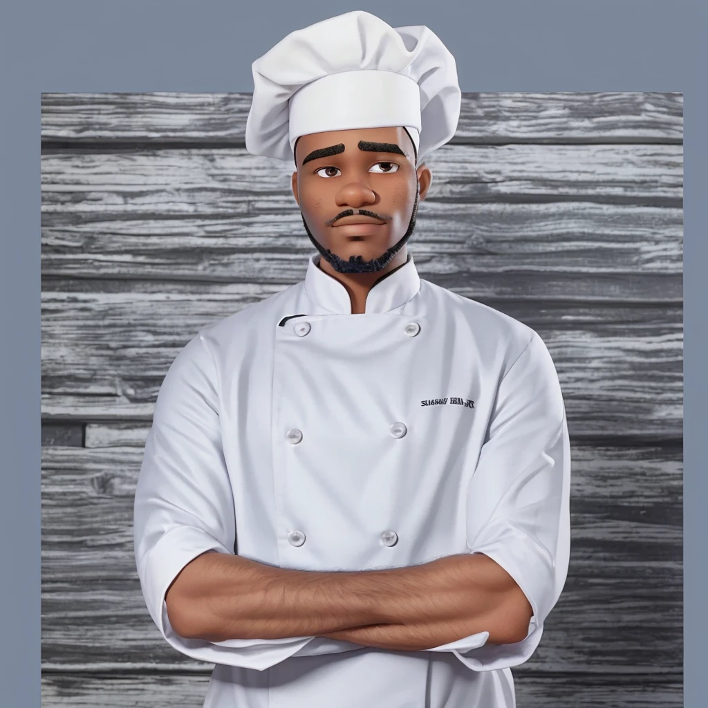 Black man with a short drawn beard, dressed as a chef and with his arms crossed, with a white background