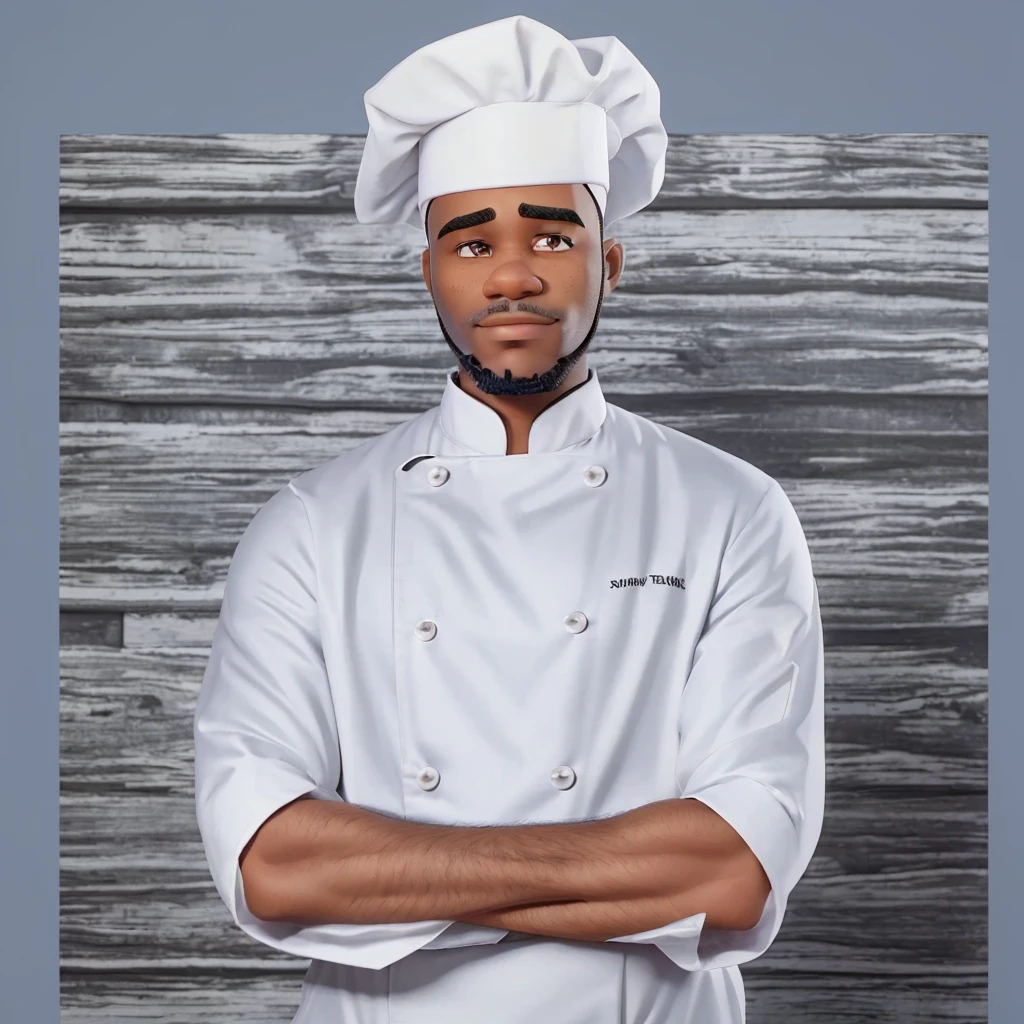 Black man with a short drawn beard, dressed as a chef and with his arms crossed, with a white background