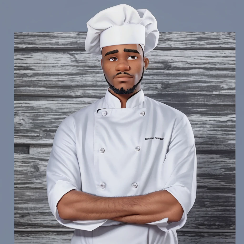 Black man with a short drawn beard, dressed as a chef and with his arms crossed, with a white background