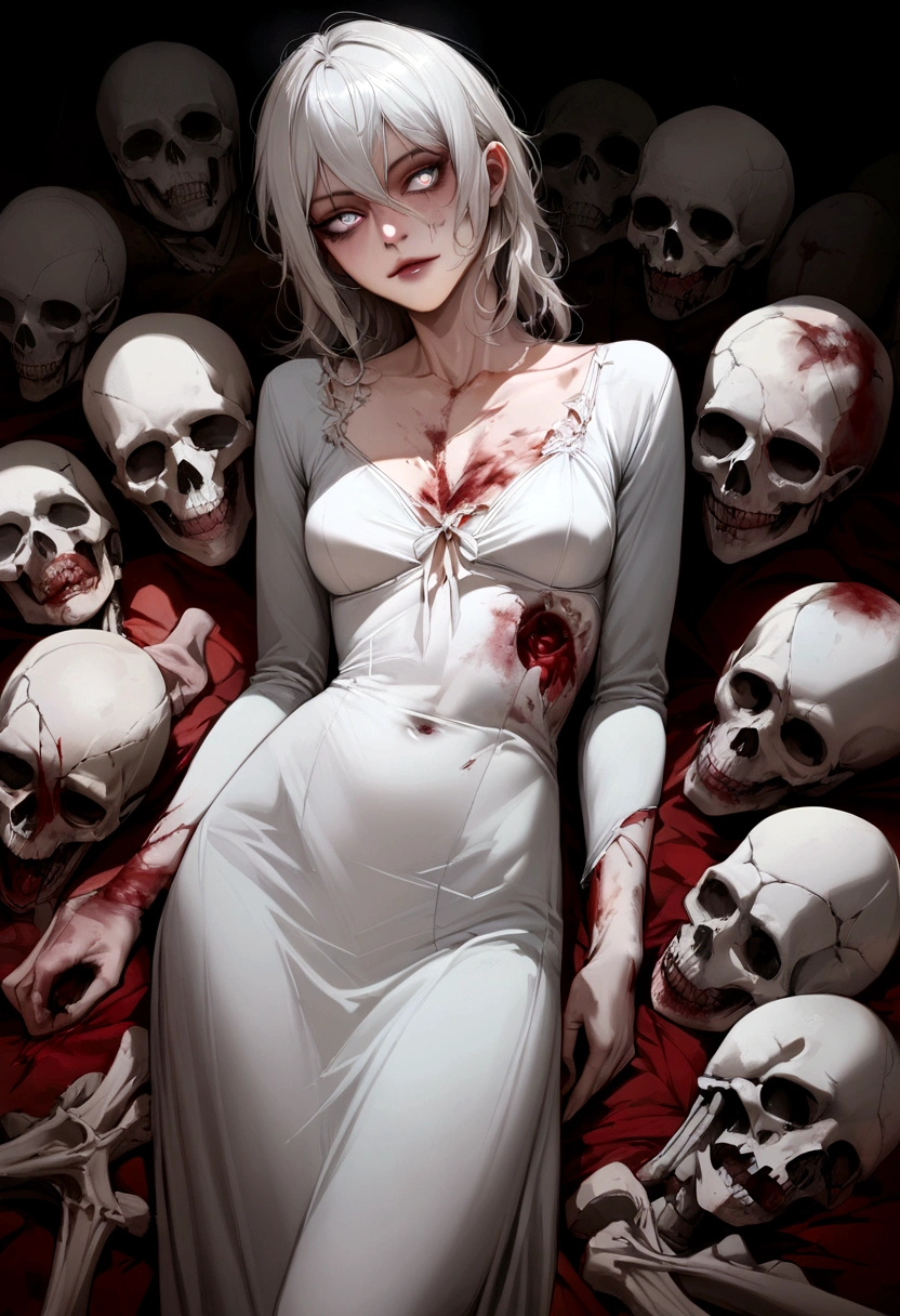 corpse, sinister, male, looking at the camera, ultra realistic, fully detailed, cemetery environment, bright eyes, white dress torn and stained with blood, bones exposed, putrid wounds, sensual, terrifying, bruised by the body, exposed fracture in the collarbone, slight smile, super detailed, white eyes,gun shots in the body, Akira Fudo, Devilman Crybaby, Clear eyes,