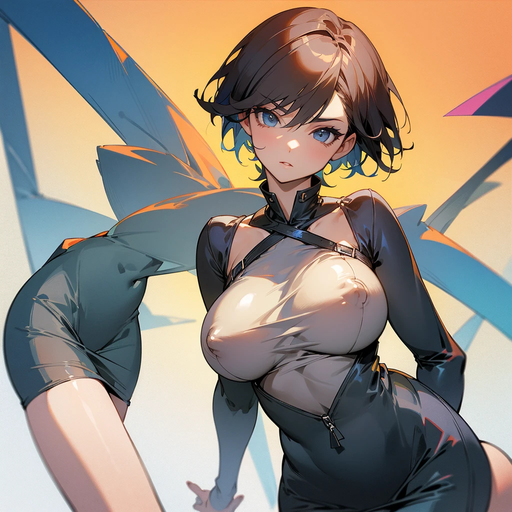 short hair girl,with big nipples,with a very short tight dress, showing her breasts