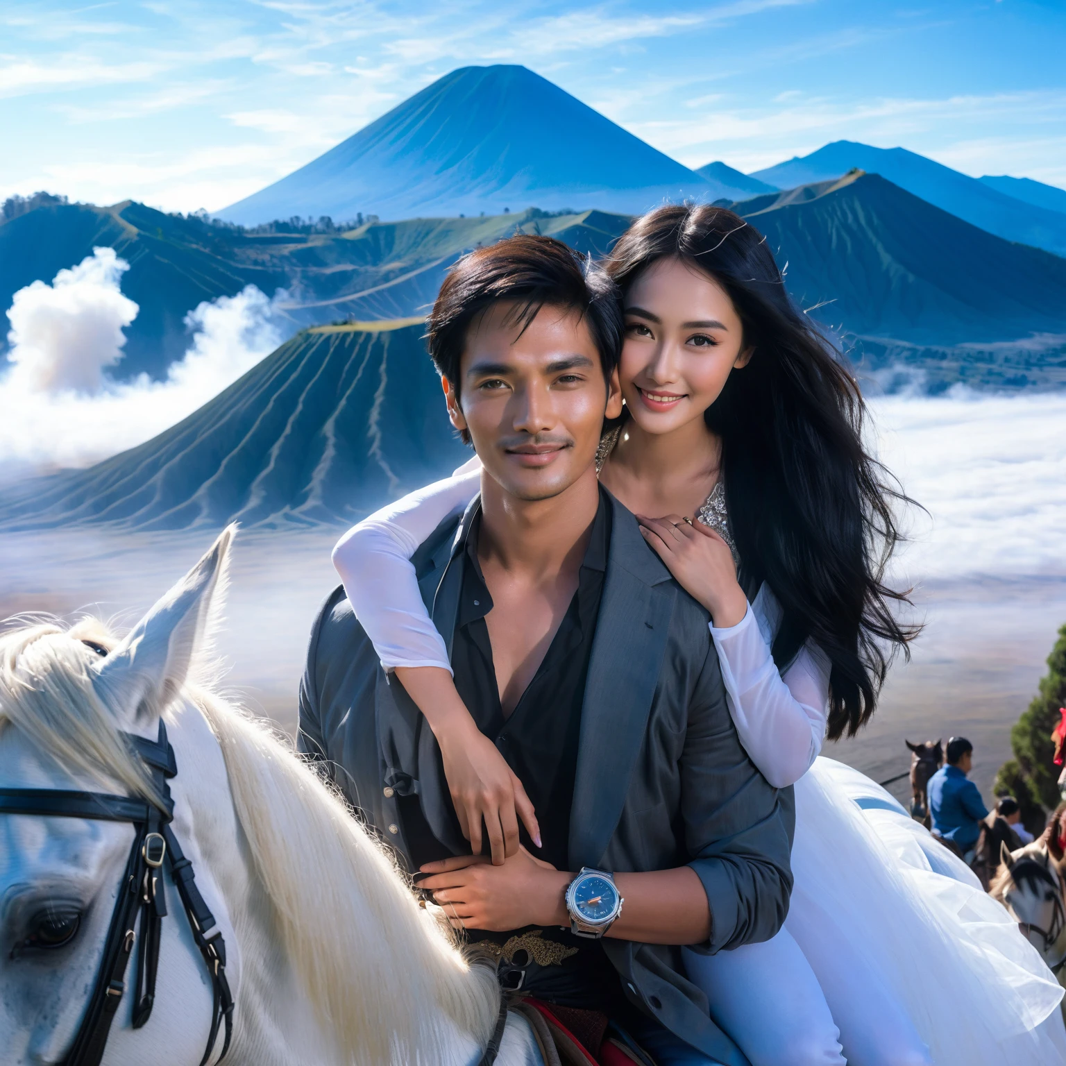 Indonesian romantic couple; man with short black hair; woman with long straight black hair, watch, wearing romeo and juliet outfit riding a white horse on Mount Bromo Mountain Indonesia, stunning surrealist view of the Mountain, lens flare, wind breeze, stunning depictation blue sky, smiling, beautiful romantic pose, hugging tight, look like a romeo and juliet, facing the camera, Fullshot, long distance lens, Taken using Sony Alpha α7CR, photorealistic, 1536px, high quality.