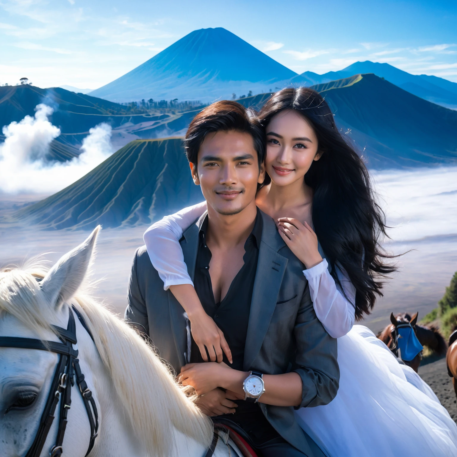 Indonesian romantic couple; man with short black hair; woman with long straight black hair, watch, wearing romeo and juliet outfit riding a white horse on Mount Bromo Mountain Indonesia, stunning surrealist view of the Mountain, lens flare, wind breeze, stunning depictation blue sky, smiling, beautiful romantic pose, hugging tight, look like a romeo and juliet, facing the camera, Fullshot, long distance lens, Taken using Sony Alpha α7CR, photorealistic, 1536px, high quality.
