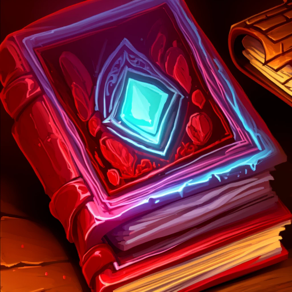 detailed fantasy magic book, glowing magical book, red fire magic, wizard conjuring, RPG fantasy, dramatic lighting, cinematic composition, intricate details, vibrant colors, photorealistic, 8k, high quality, masterpiece