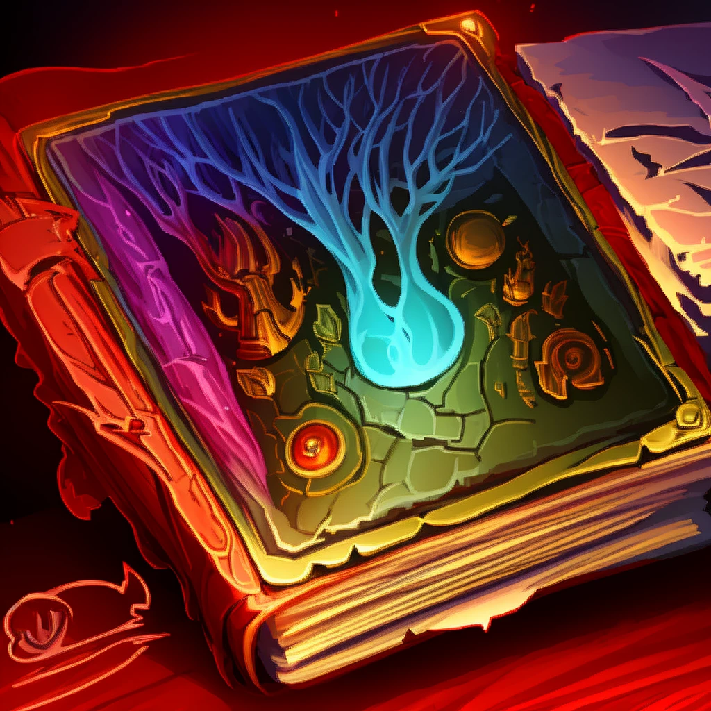 detailed fantasy magic book, glowing magical book, red fire magic, wizard conjuring, RPG fantasy, dramatic lighting, cinematic composition, intricate details, vibrant colors, photorealistic, 8k, high quality, masterpiece