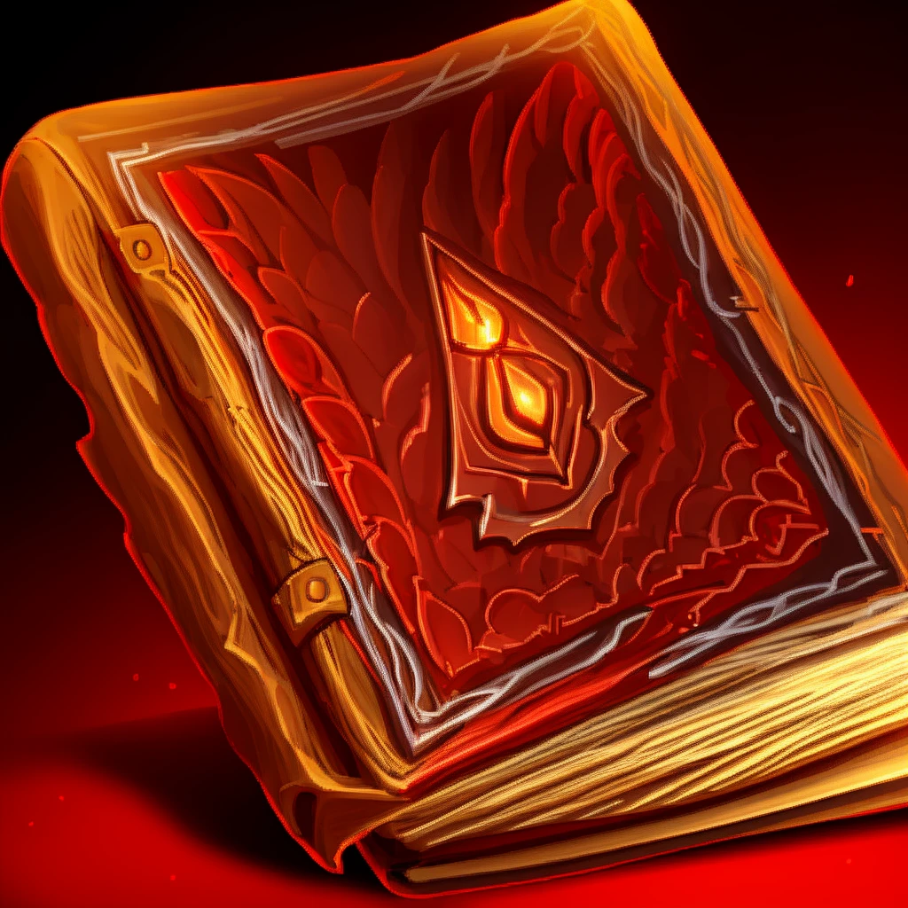 detailed fantasy magic book, glowing magical book, red fire magic, wizard conjuring, RPG fantasy, dramatic lighting, cinematic composition, intricate details, vibrant colors, photorealistic, 8k, high quality, masterpiece