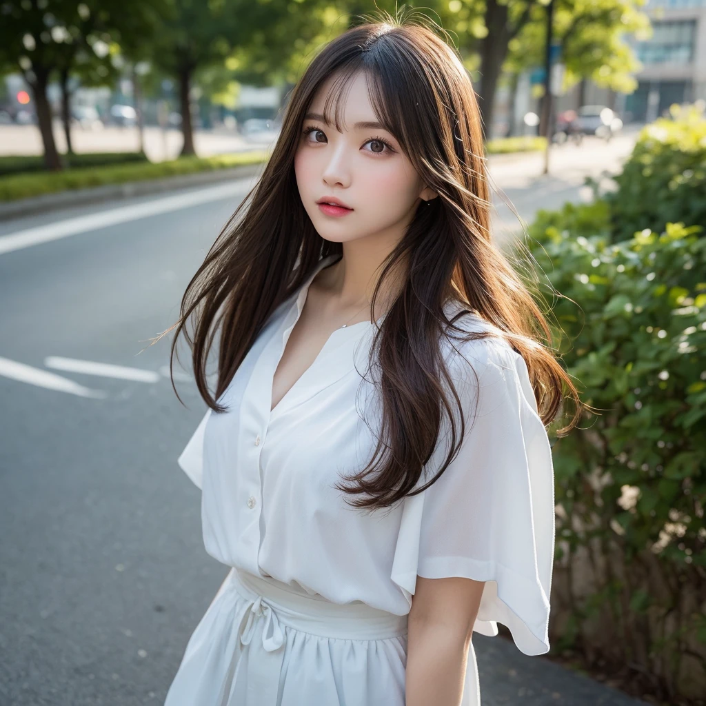 finely detail, hight resolution, high quality、Perfect dynamic composition, Beautiful detailed eyes, Medium Hair, 、Natural Color Lip,Kamimei、Shibuya、20 years girl、1 persons、Transparent skin、Glowing hair、masterpiece, Best Quality, Illustration, Ultra-detailed, finely detail, hight resolution, 8K、The correct state of the human body、crouching down、Gravure Model Pose，Hair soaring in the wind, (self-taken picture:1.3)
