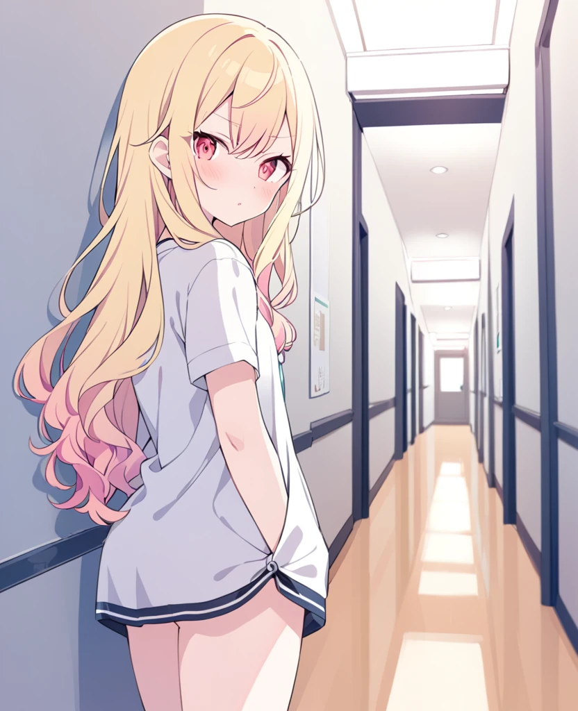 One girl,alone,Tenma Saki, body type,Yellow Hair,Red Eyes,project sekai,long hair,cute,cute,nsfw,shirt,corridor,