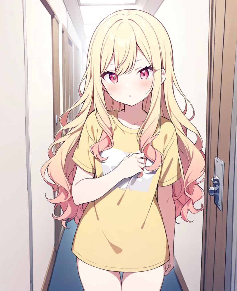 One girl,alone,Tenma Saki, body type,Yellow Hair,Red Eyes,project sekai,long hair,cute,cute,nsfw,shirt,corridor,
