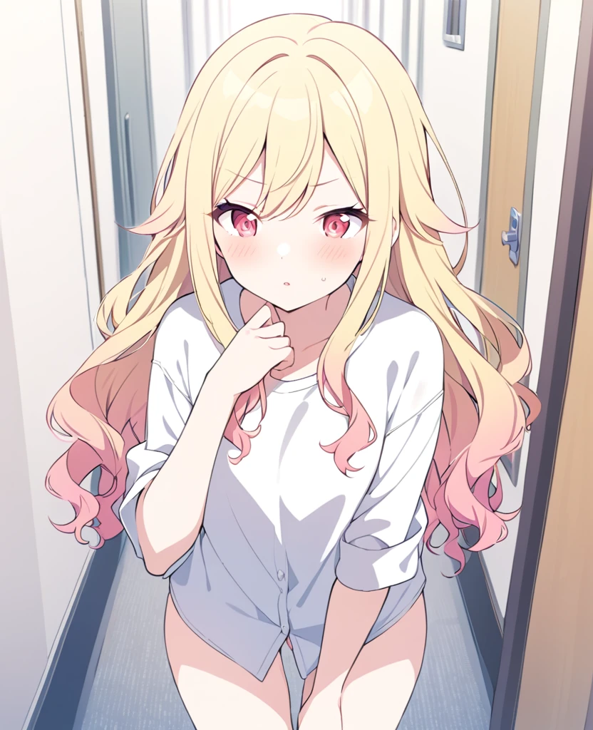 One girl,alone,Tenma Saki, body type,Yellow Hair,Red Eyes,project sekai,long hair,cute,cute,nsfw,shirt,corridor,