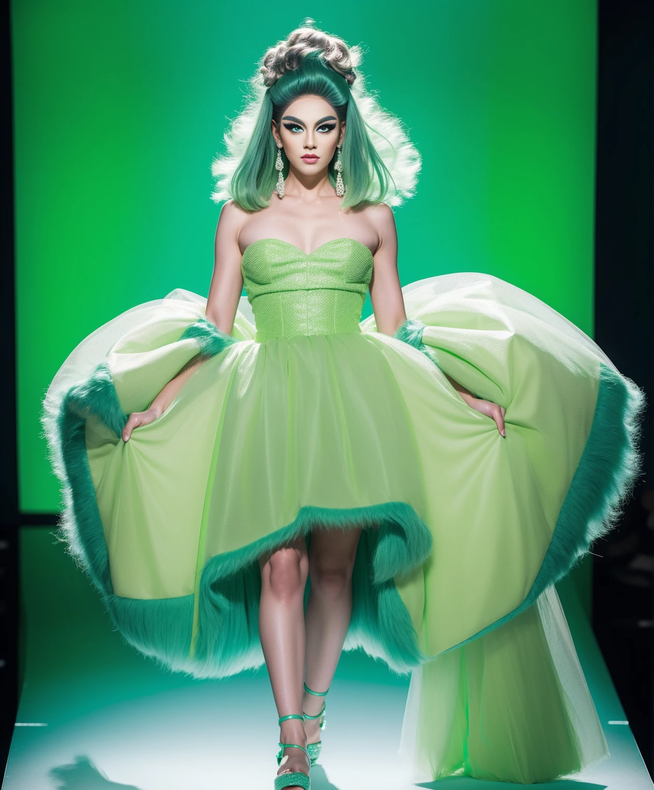 drag queens wearing dingley tailleur to the knee disproportional giant mint green mullet wig full body shot jewelry makeup green lighting neon back backdrop contemporary unusual design fashion runway
